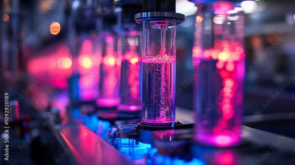 Close-up of illuminated laboratory glassware with vibrant colors, indicating scientific processes. Close-up of illuminated laboratory glassware with vibrant colors, indicating scientific processes.