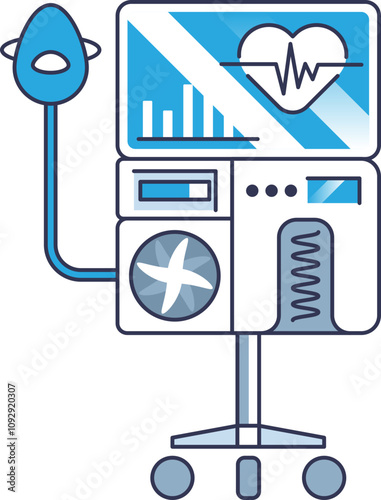 Illustration of a ventilator machine with a screen, mask, and heart monitor, symbolizing medical technology.