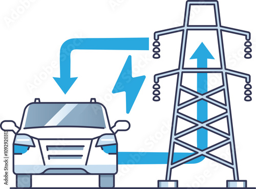 Illustration of Vehicle-to-Grid technology with car and power lines, symbolizing energy exchange.