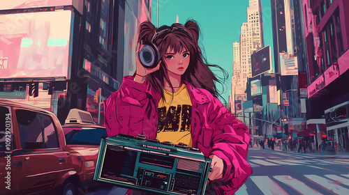 Retro Anime Manga Illustration of a Cute Girl with Boombox and 90s Vibes