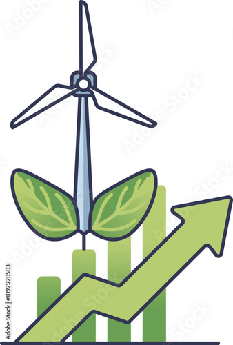 Wind turbine with leaves and growth arrow symbolizes wind energy efficiency.