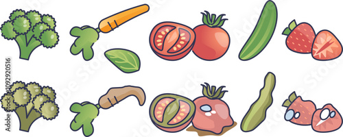 Illustration of fresh vs. wilted vegetables and fruits, highlighting decay.