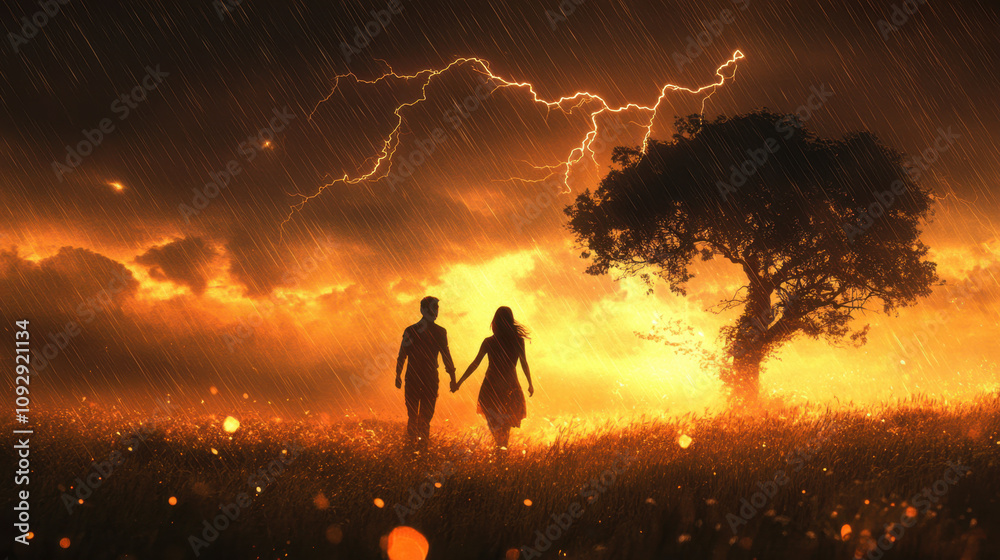 Running Away from Natural Disasters. A couple walks hand in hand against a dramatic sunset, with lightning illuminating the sky and a solitary tree in the foreground. Running Away from Natural Disasters. A couple walks hand in hand against a dramatic sunset, with lightning illuminating the sky and a solitary tree in the foreground.