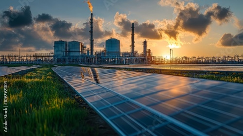 Solar panels in the foreground with an industrial facility and sunset in the background.