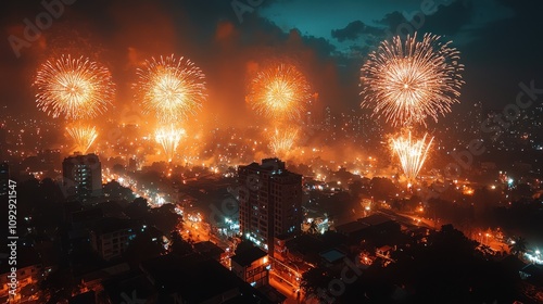 Aerial Night View of City Fireworks Display Celebration Festival