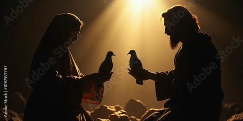 Mary and Joseph Offering a Sacrifice, The Holy Family presenting two doves as an offering during the temple ritual photo