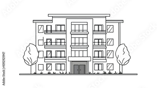 Modern Hotel Building Line Art Outline Cartoon Style Illustration