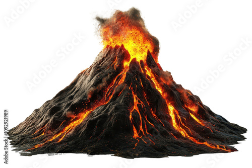 A fiery volcano erupts, spewing lava and smoke, showcasing natural power and earth's geological activity.