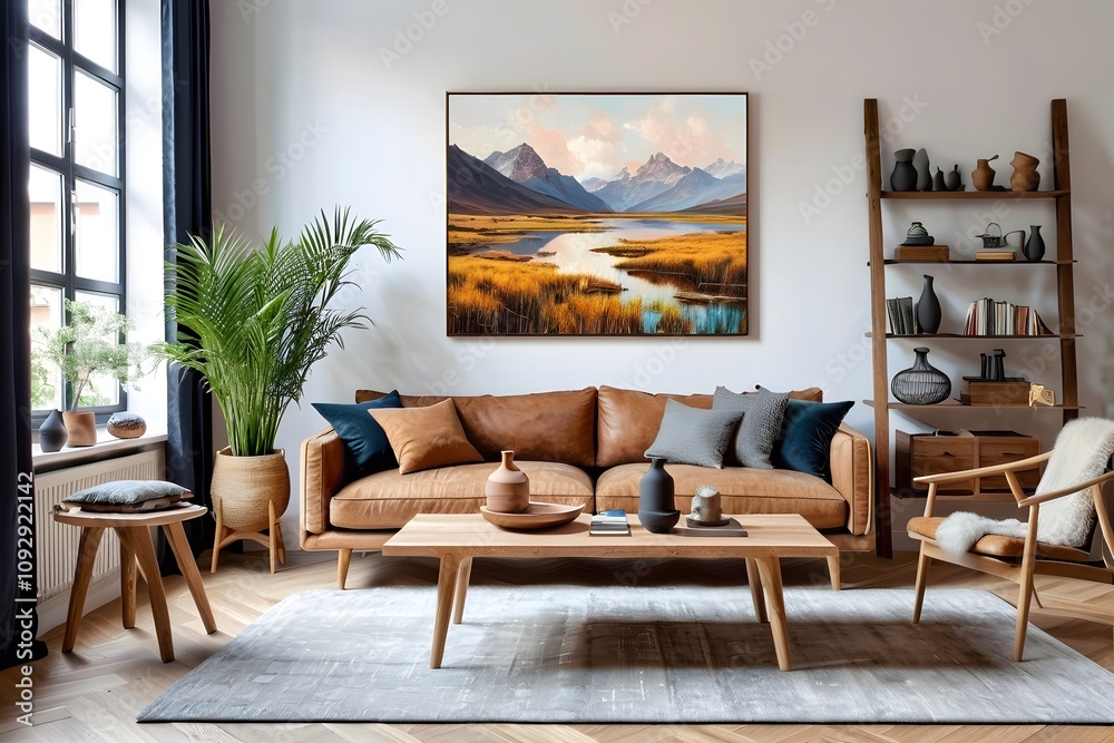Fototapeta premium Contemporary living room with wooden furniture, modern paintings, vases, and personal decor.