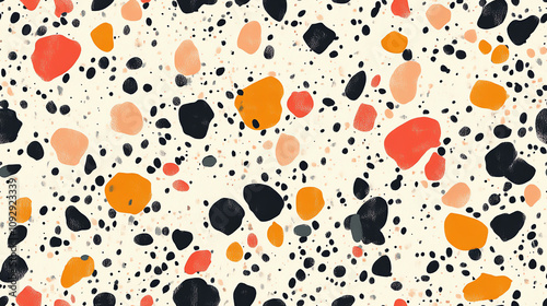 Terrazzo seamless pattern, coral and black dots design