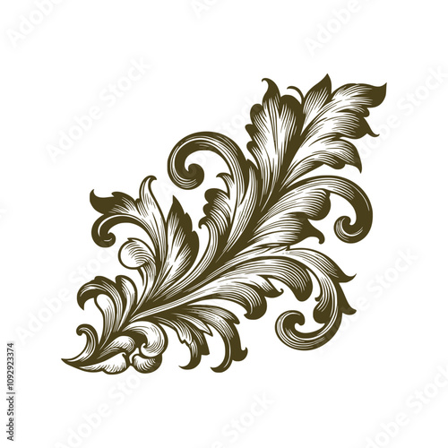 ornament with vintage design floral hand drawn, retro decorative element isolated, ornate classic curves, vector template illustration