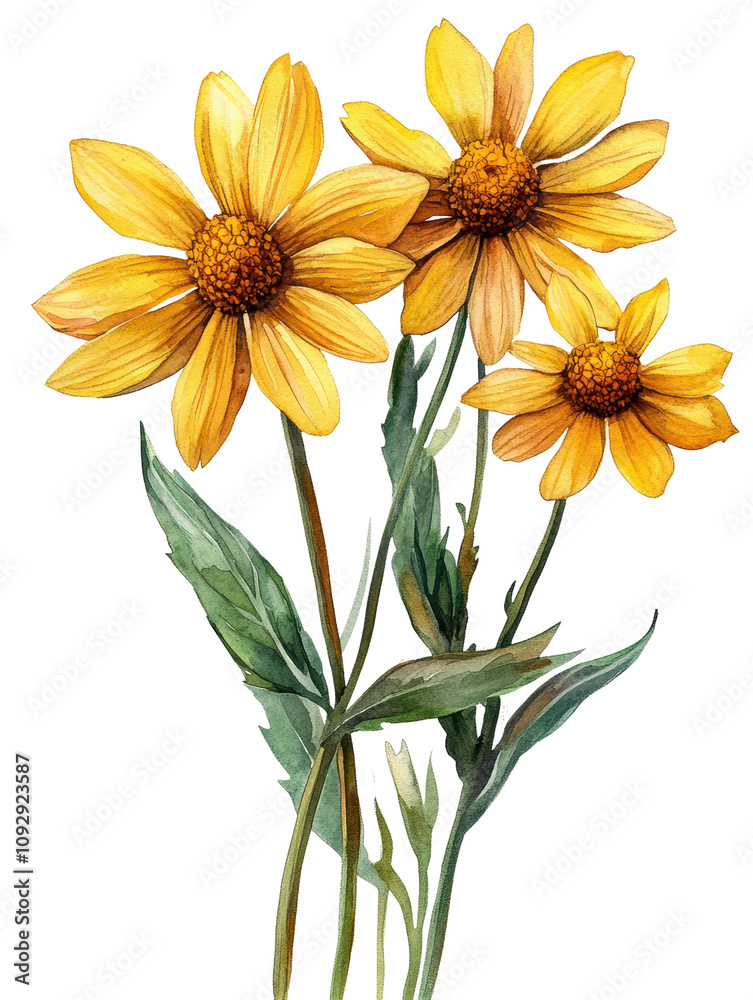 A painting of three yellow flowers with green stems. The flowers are arranged in a bouquet and are the focal point of the painting. The painting has a bright and cheerful mood A painting of three yellow flowers with green stems. The flowers are arranged in a bouquet and are the focal point of the painting. The painting has a bright and cheerful mood