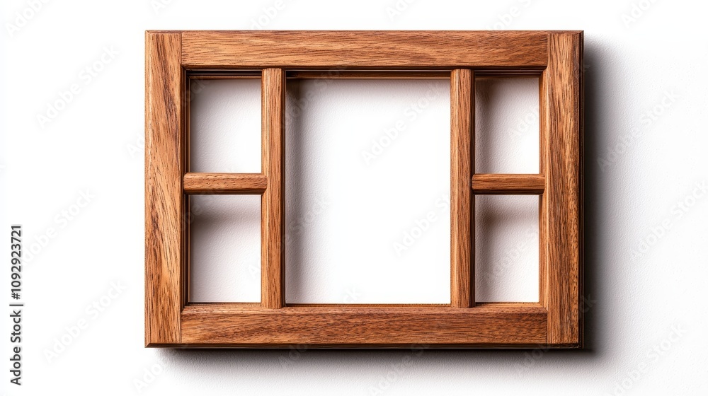 A handcrafted wooden window frame, smooth finish with natural wood texture, perfectly centered on a white background, sharp detail with clean lines A handcrafted wooden window frame, smooth finish with natural wood texture, perfectly centered on a white background, sharp detail with clean lines