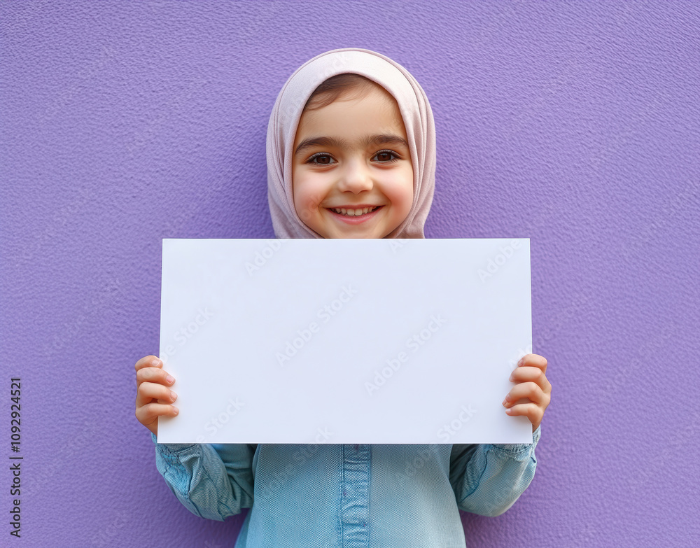 A young girl is holding a blank piece of paper and smiling. Concept of innocence and curiosity, as the girl is holding the blank paper with a blank expression on her face A young girl is holding a blank piece of paper and smiling. Concept of innocence and curiosity, as the girl is holding the blank paper with a blank expression on her face