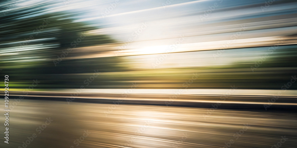 Empty Asphalt Road Through Summer Green Forest Towards The Sunrise, Motion Blur Background. Empty Asphalt Road Through Summer Green Forest Towards The Sunrise, Motion Blur Background.