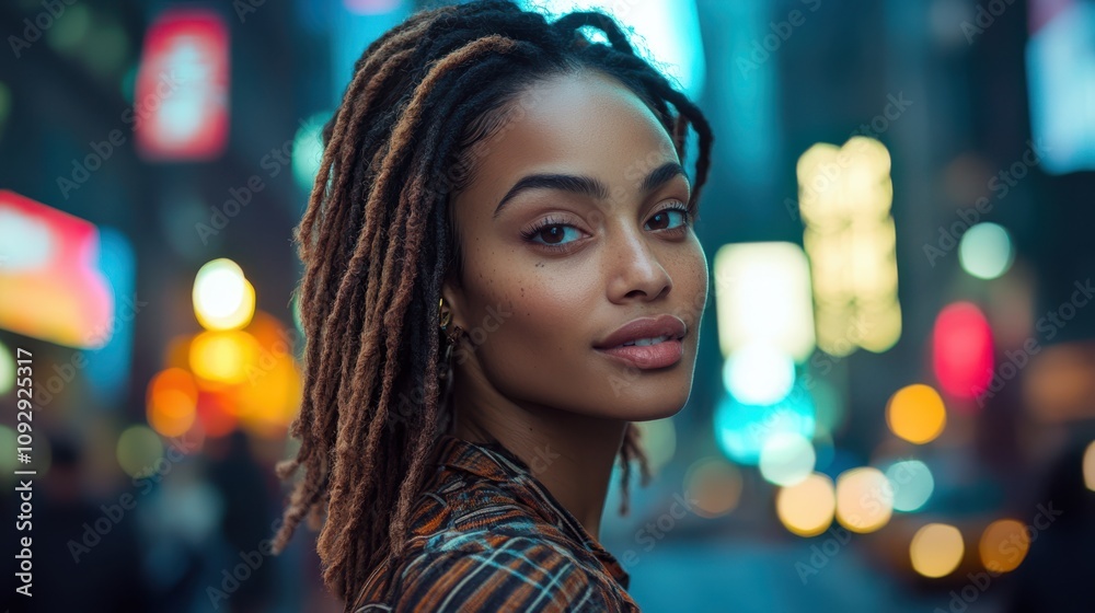 A fashionable woman in the heart of a bustling city, adjusting her dreadlocks while confidently looking into the camera, city lights glowing behind her. A fashionable woman in the heart of a bustling city, adjusting her dreadlocks while confidently looking into the camera, city lights glowing behind her.