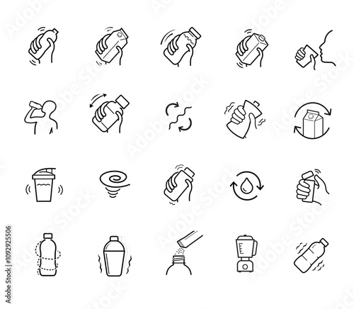 Shake icons set. Set for package, shows user instruction. The outline icons are well scalable and editable. Contrasting vector elements are good for different backgrounds. EPS10.