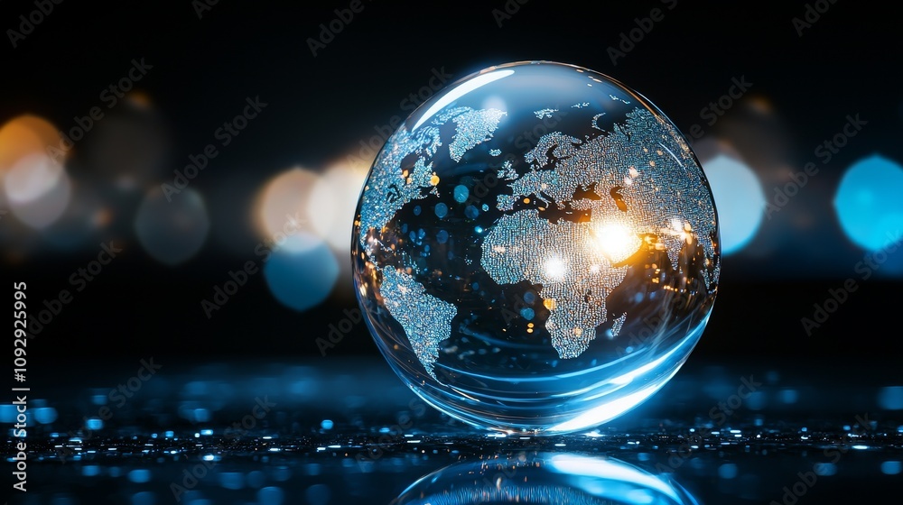 Abstract glass Earth globe, softly illuminated, translucent continents hovering within, evoking themes of global fragility and environmental interconnectedness Abstract glass Earth globe, softly illuminated, translucent continents hovering within, evoking themes of global fragility and environmental interconnectedness