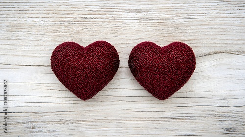 Two red hearts on rustic wood, moody Valentine's aesthetic, soft glow
