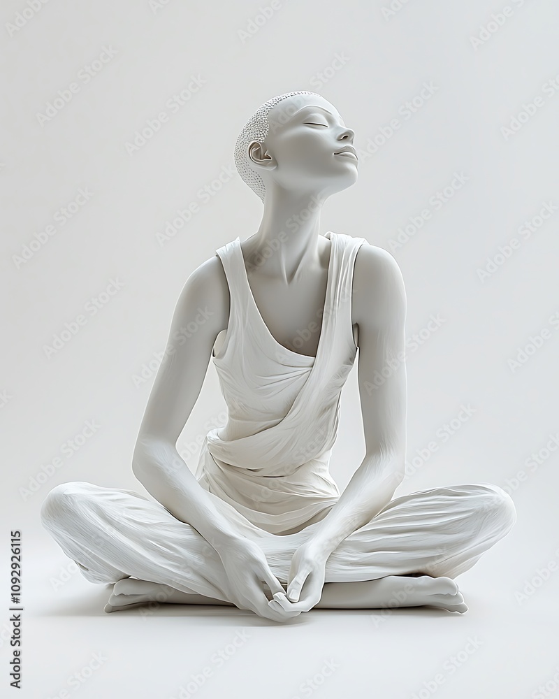 Obraz premium A serene figure in white sits cross-legged, embodying peace and tranquility in a minimalist setting.
