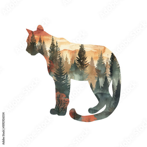 silhouette cougar with forest scene inside vector illustration in watercolor style