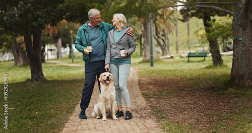 Konstfotografi Hug, old couple and walking dog in park together for outdoor fitness, health or wellness