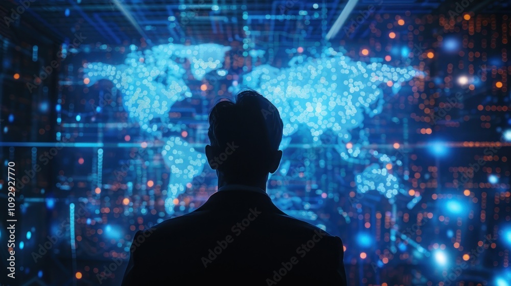 A silhouette of an AI female with glowing red and blue lights on her face. A silhouette of an AI female with glowing red and blue lights on her face.