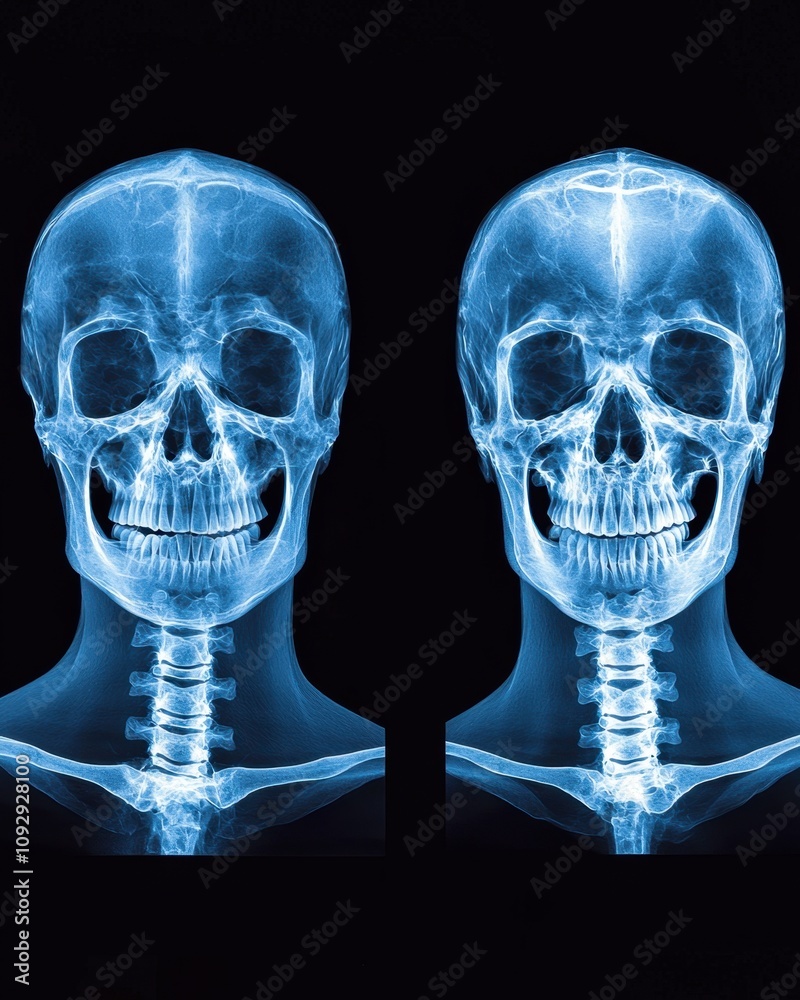 Orthopedic collarbone X-ray concept. X-ray images of a human skull from two perspectives, showcasing details Orthopedic collarbone X-ray concept. X-ray images of a human skull from two perspectives, showcasing details
