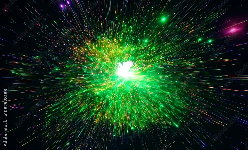 Vibrant cosmic explosion of colorful light trails and swirling stars, showcasing mesmerizing particles that create sense of depth and movement in vastness of space. Vibrant cosmic explosion of colorful light trails and swirling stars, showcasing mesmerizing particles that create sense of depth and movement in vastness of space.