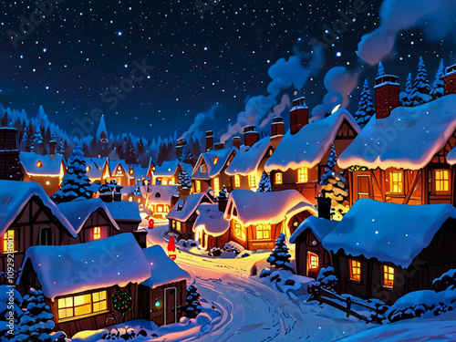 A Quiet Winter Nigh. A snowy Christmas village glowing with holiday lights and decorations under a starlit winter sky