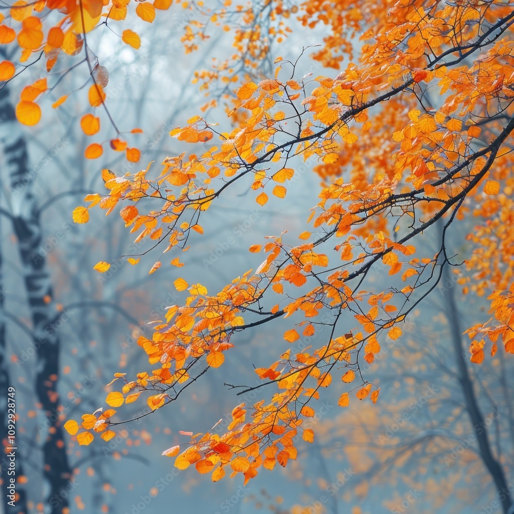 Beautiful orange and yellow leaves on tree branches in foggy forest, closeup. Beautiful orange and yellow leaves on tree branches in foggy forest, closeup.