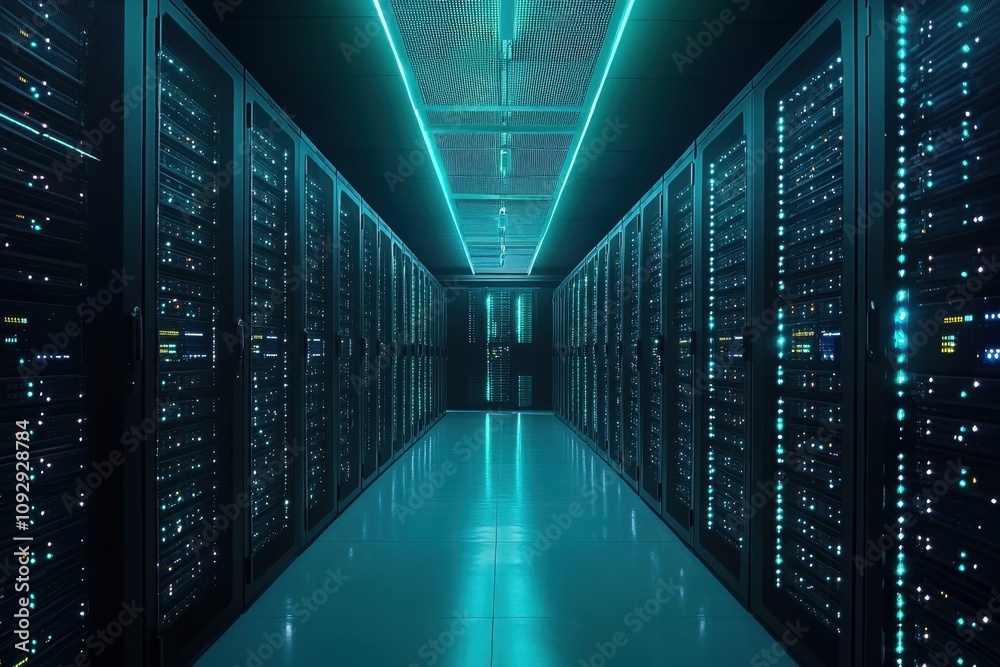 Futuristic Data Center with Rows of Illuminated Servers in a High-Tech Environment Futuristic Data Center with Rows of Illuminated Servers in a High-Tech Environment