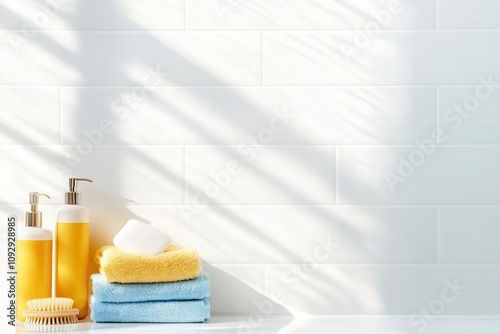 Cleaning supplies in spotless bathroom with blank area for hygiene text, cleaning sparkle template, germfree photo