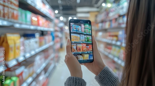 A user swiping through a virtual store using AR on a smartphone, exploring products with 3D visuals and making mobile payments.