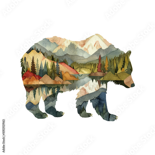 silhouette grizzly with mountain scene inside vector illustration in watercolor style