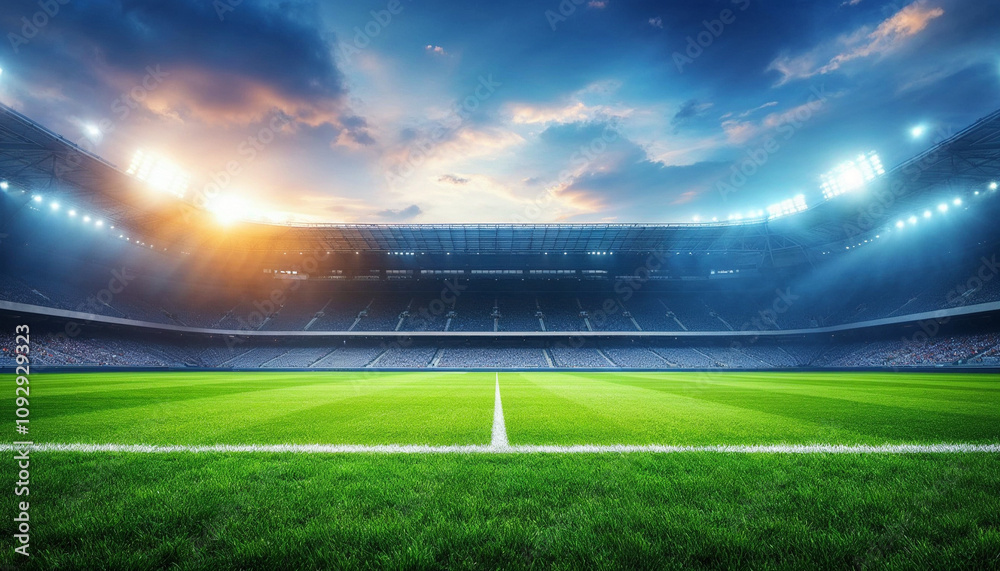 Stadium background with a green grass pitch in the daytime Stadium background with a green grass pitch in the daytime