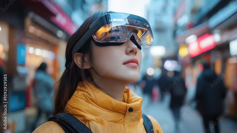 A user wearing AR glasses while navigating through a city, receiving real-time directions and updates from their smartphone, showcasing future mobile integration. A user wearing AR glasses while navigating through a city, receiving real-time directions and updates from their smartphone, showcasing future mobile integration.
