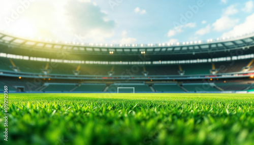 Stadium background with a green grass pitch in the daytime