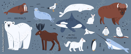 Arctic animals. Polar birds and mammals. Northern cute inhabitants. White bear, elk, killer whale, bison. Cute arctic fox, hare, penguin. Cartoon flat isolated north wildlife fauna illustration set