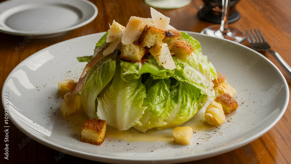 Close-up of a caesar salad with romaine lettuce, parmesan, and golden croutons, perfect for gourmet food photography or restaurant promotions Close-up of a caesar salad with romaine lettuce, parmesan, and golden croutons, perfect for gourmet food photography or restaurant promotions