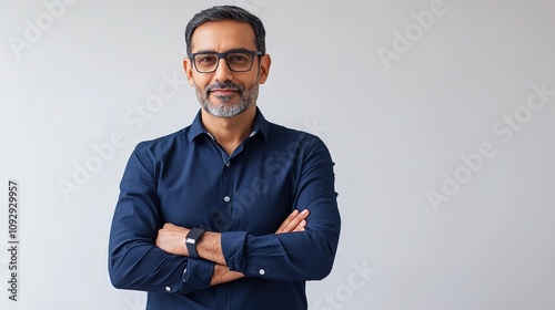 charismatic indian handsome young businessman in smart casual attire confident pose with folded hands against clean white backdrop warm smile conveys approachability and professionalism modern corpora
