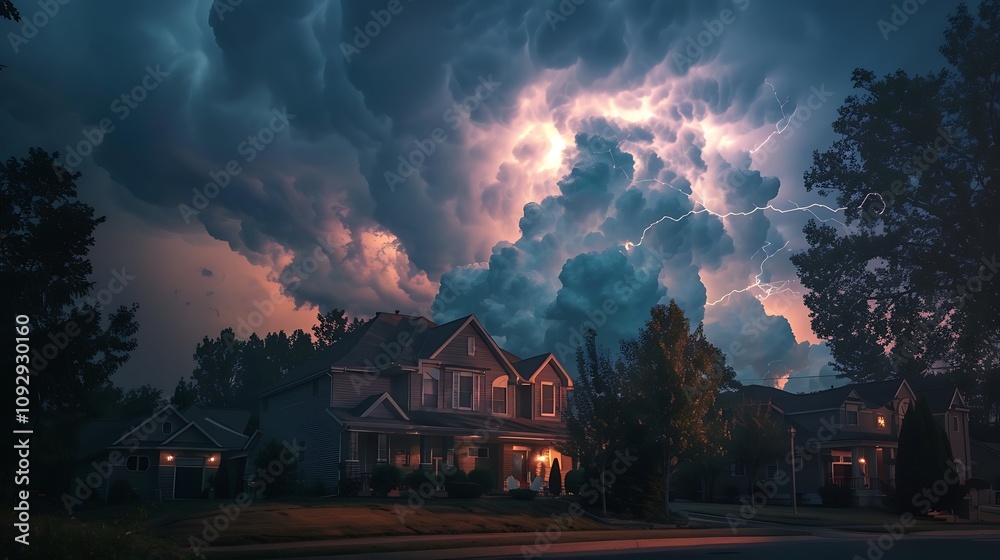 A dramatic sky filled with storm clouds and lightning over a suburban neighborhood at dusk. A dramatic sky filled with storm clouds and lightning over a suburban neighborhood at dusk.