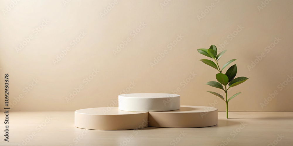 Minimal natural wood Three podiums with green leaf with sunlight background. Minimal wooden stand for branding Minimal natural wood Three podiums with green leaf with sunlight background. Minimal wooden stand for branding