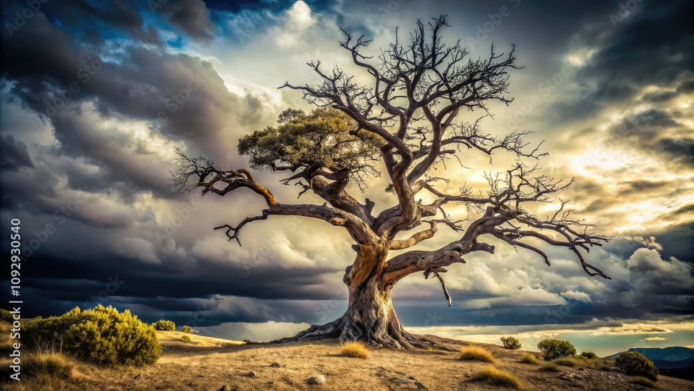 Against a moody, cloud-laden sky, a monochromatic silhouette of a timeworn, gnarled tree emerges, capturing the essence of nature's beauty and enduring strength. Against a moody, cloud-laden sky, a monochromatic silhouette of a timeworn, gnarled tree emerges, capturing the essence of nature's beauty and enduring strength.