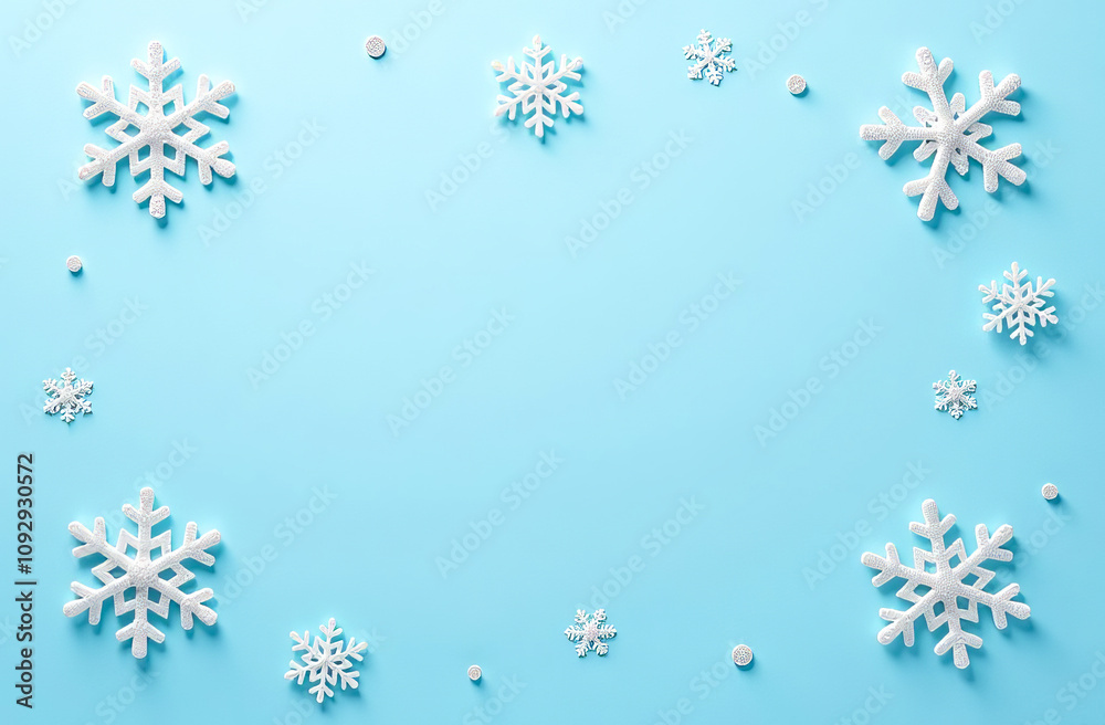 White snowflakes around an empty blue background. Happy Holidays and Christmas festive advertising card with space for text