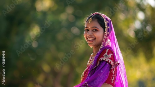 young Indian woman in purple traditional clothes photo