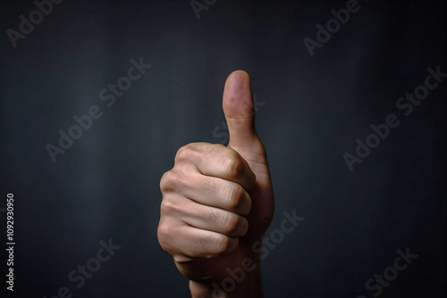 Thumb up, symbol of excellent hitchhiking. Man black background. AI generated.