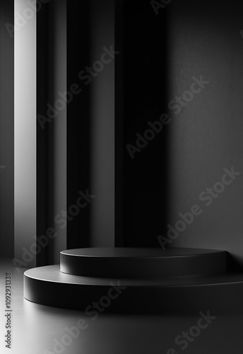 Lights Background for Product Placement Pedestal of Platform display with black stand podium on dark room background Empty Cylindrical Podium Layout 