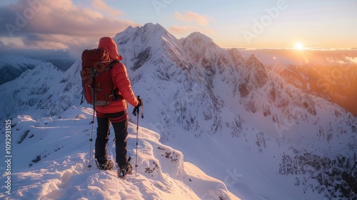 Fototapeta Naklejka Na Ścianę i Meble -  A hiker in a red jacket and backpack stands on the top of a snowy mountain at sunrise, shown from behind.