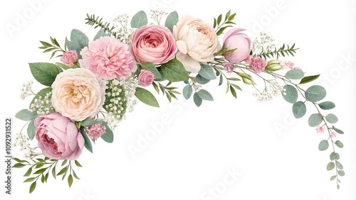 Elegant floral garland with roses peonies and baby's breath, baby's breath, rose arrangement, peony